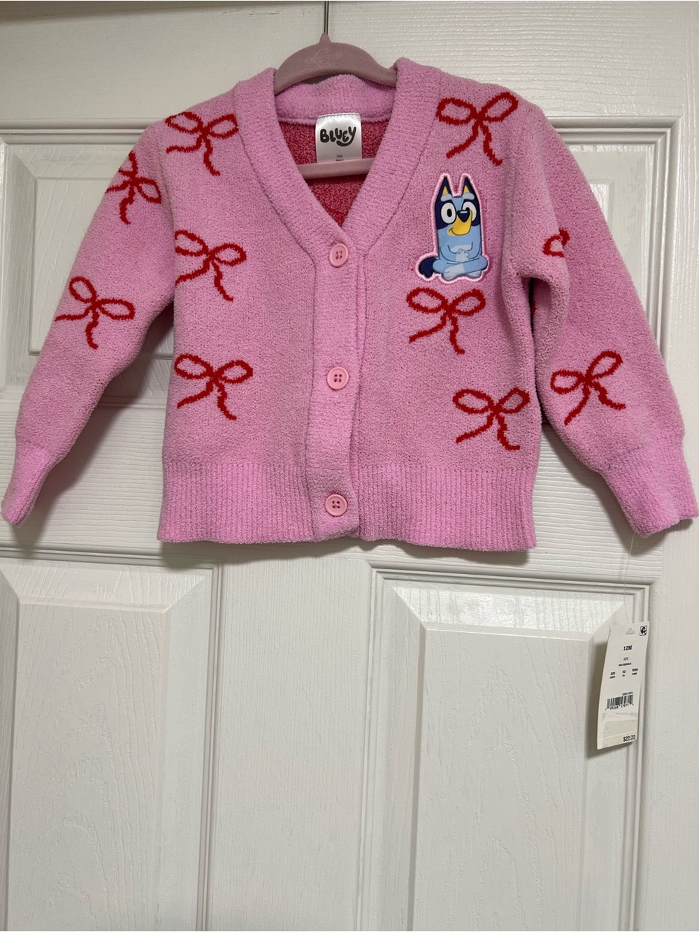 Bluey Baby Toddler 12M Pink Knit Bow Print Button Cardigan Sweater V-Neck